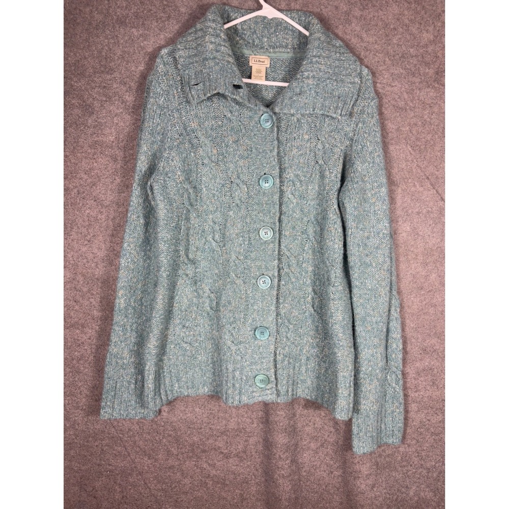 LL Bean Womens Large Blue Green Wool Blend Cable Knit‎ Button Cardigan OJSM7